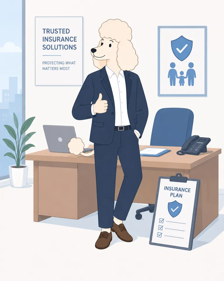 Perry the Policy Poodle in a navy suit, giving a thumbs up in a bright office with trusted insurance solutions posters and an insurance plan clipboard.